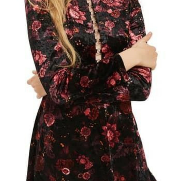 TOP shop Ring Lace Up Floral Velvet Skater Dress - Picture 2 of 10